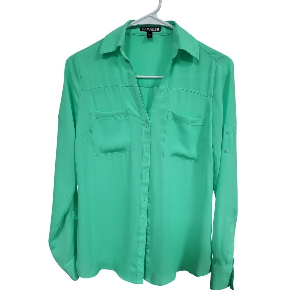 Express Portofino Shirt Womens XS Mint Green Roll Tab Sleeve Button Up Blouse